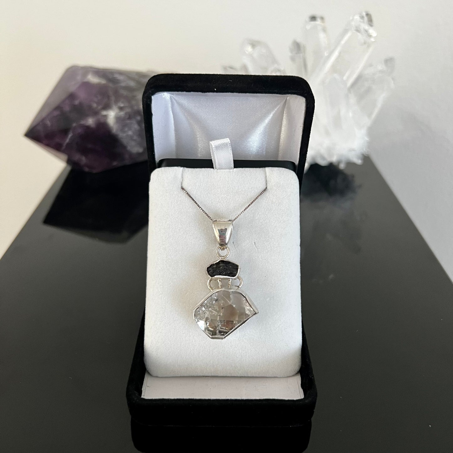 Moldavite & Herkimer Diamond Sterling Silver Necklace