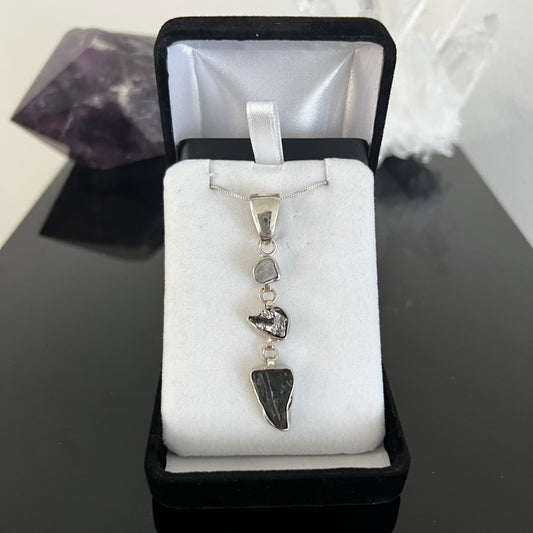 Moldavite, Meteorite & Phenacite Sterling Silver Necklace