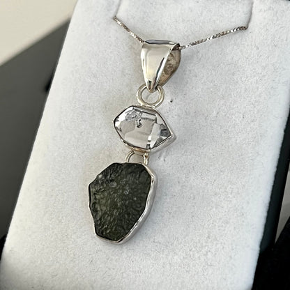 Moldavite & Herkimer Diamond Sterling Silver Necklace