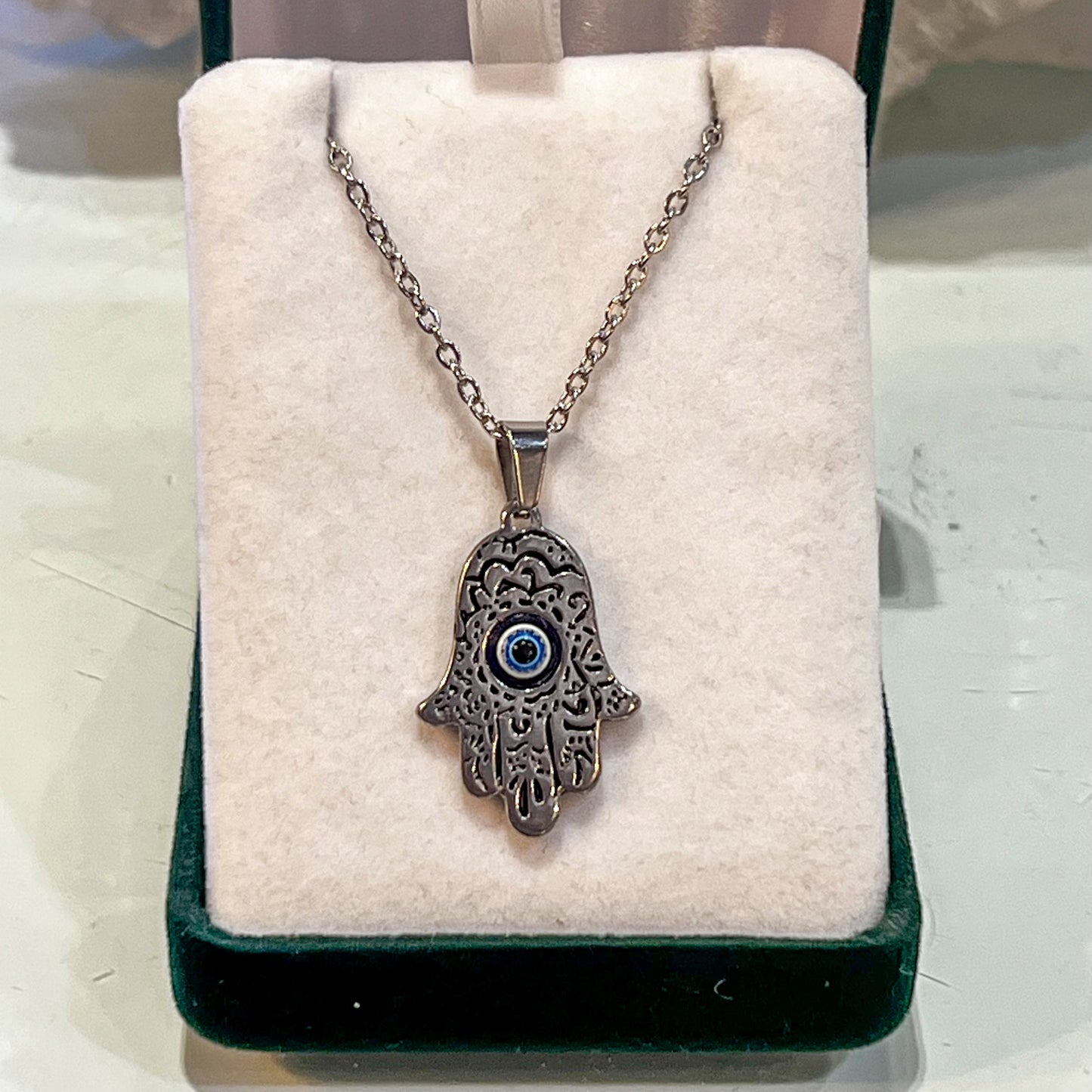 Hamsa Hand Evil Eye Stainless Steel Necklace (Silver)