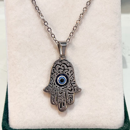 Hamsa Hand Evil Eye Stainless Steel Necklace (Silver)