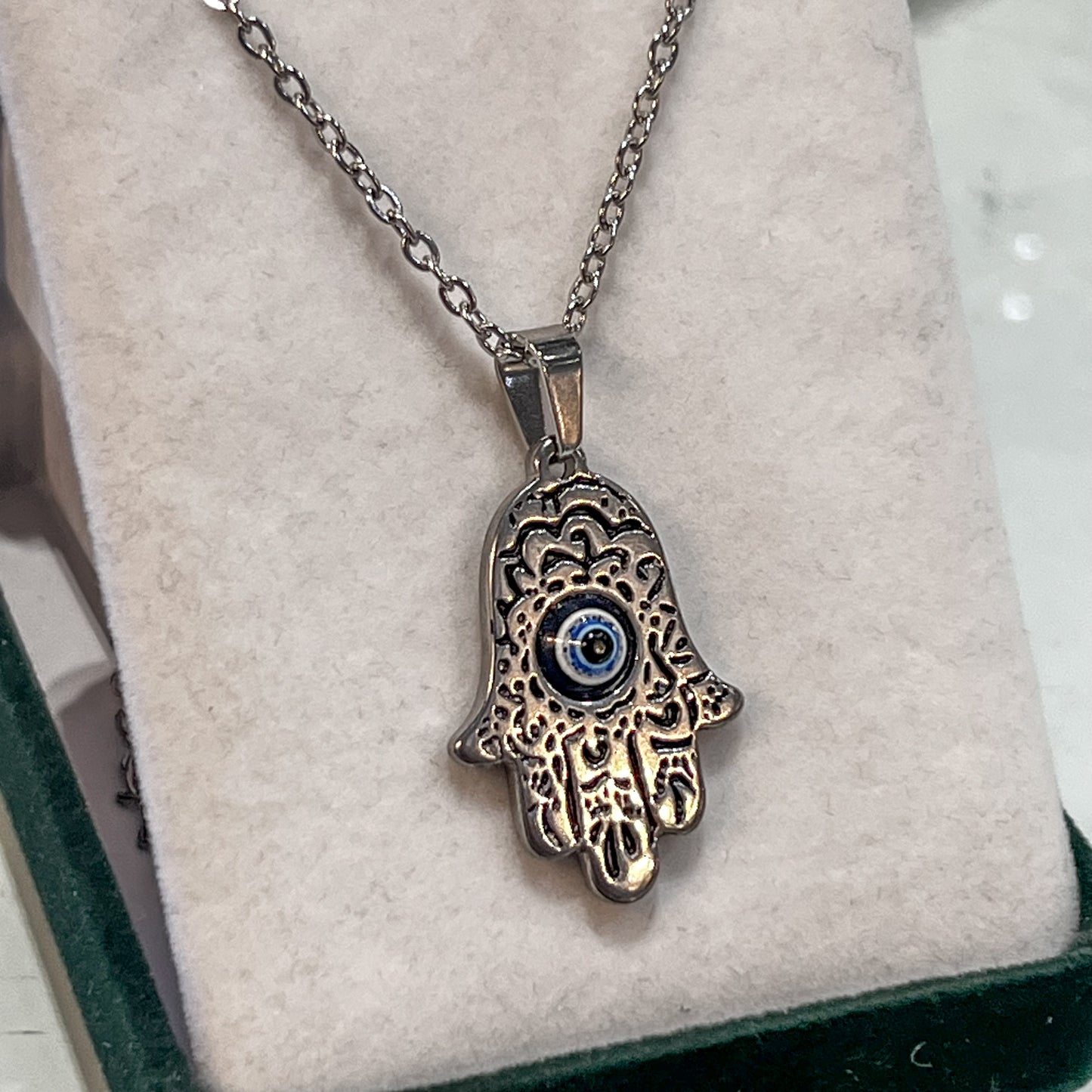 Hamsa Hand Evil Eye Stainless Steel Necklace (Silver)