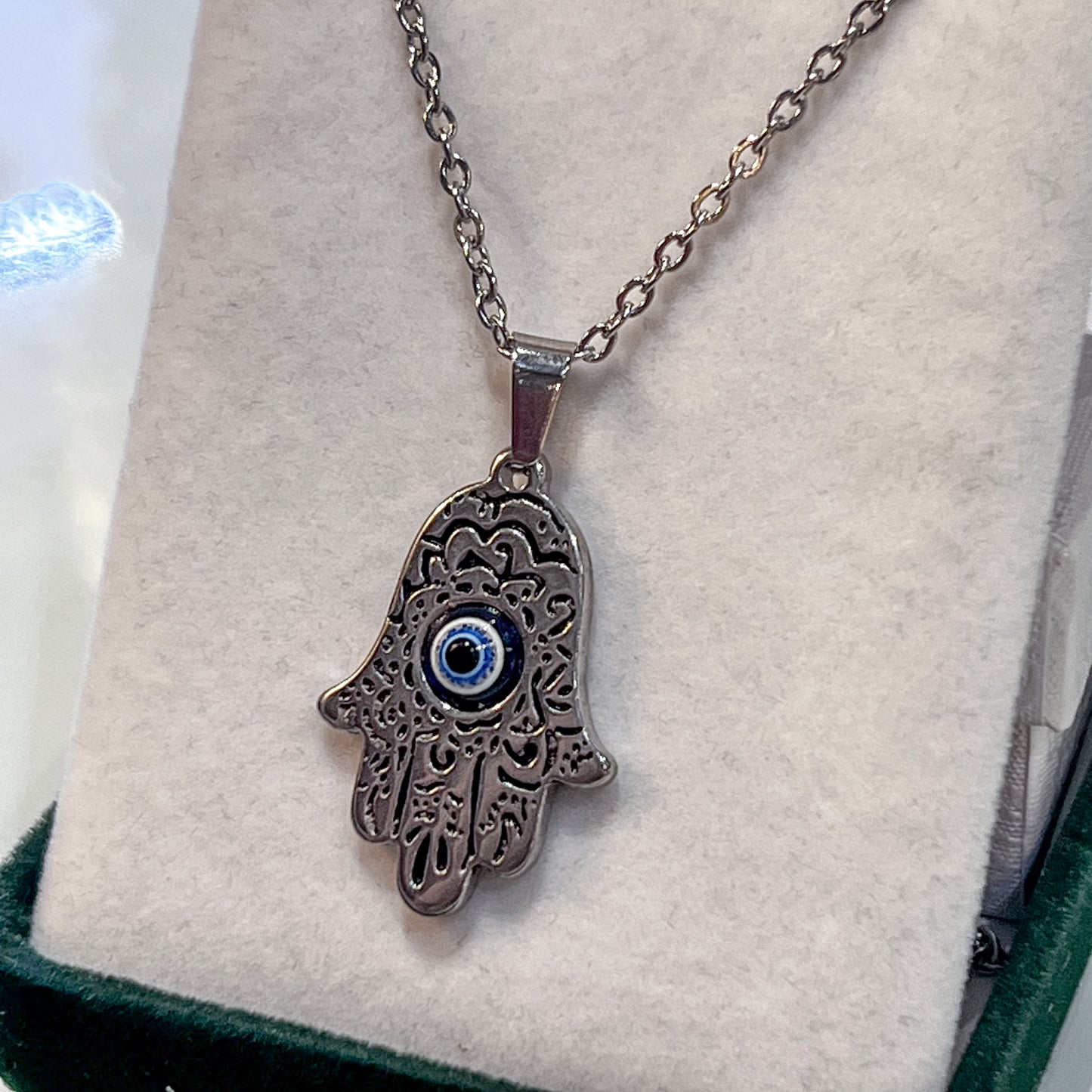 Hamsa Hand Evil Eye Stainless Steel Necklace (Silver)