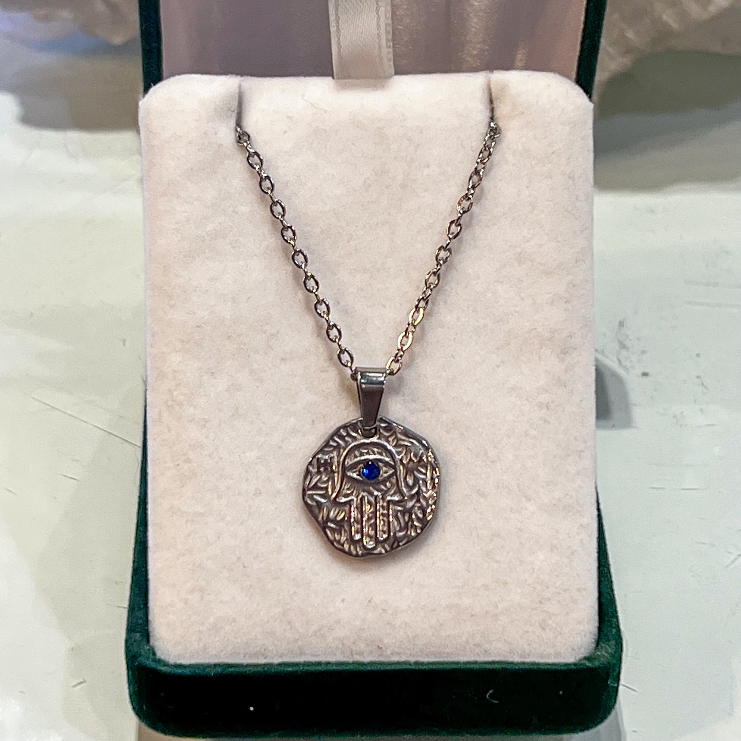 Hamsa Hand Evil Eye Necklace (Silver)