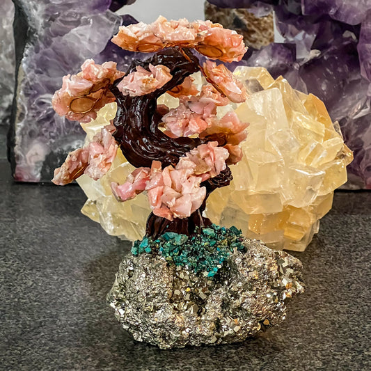 Pink Opal on Pyrite with Chrysocolla Gem Tree