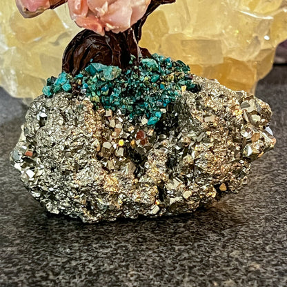 Pink Opal on Pyrite with Chrysocolla Gem Tree