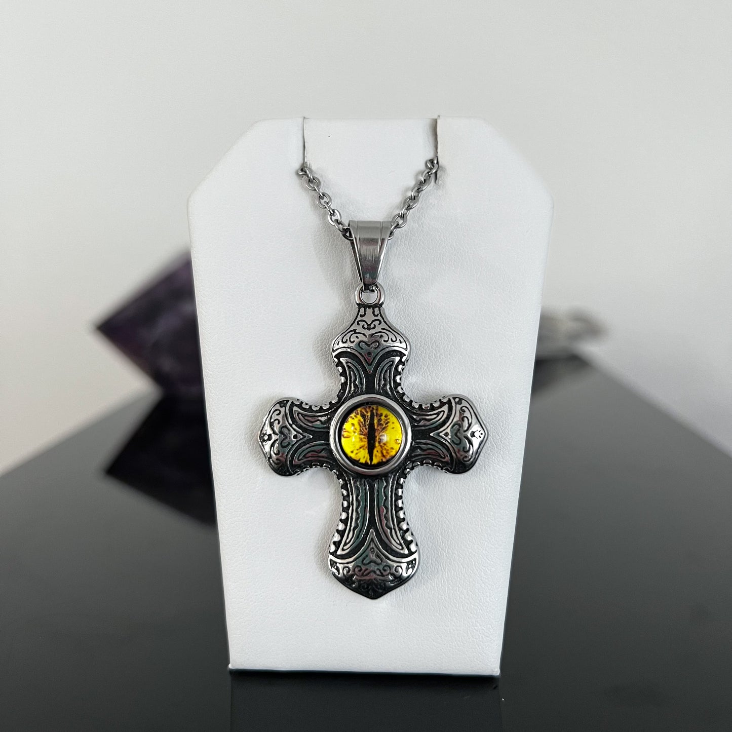 Yellow Eye Cross Stainless Steel Necklace