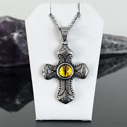 Yellow Eye Cross Stainless Steel Necklace