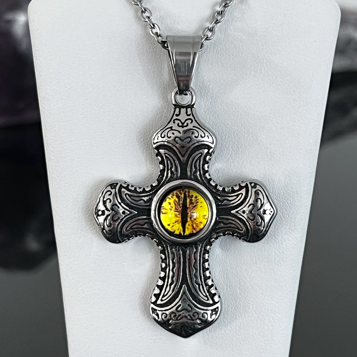 Yellow Eye Cross Stainless Steel Necklace