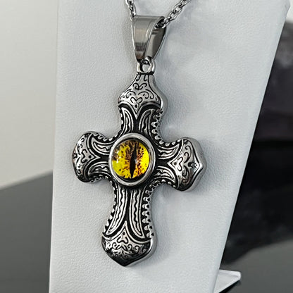 Yellow Eye Cross Stainless Steel Necklace