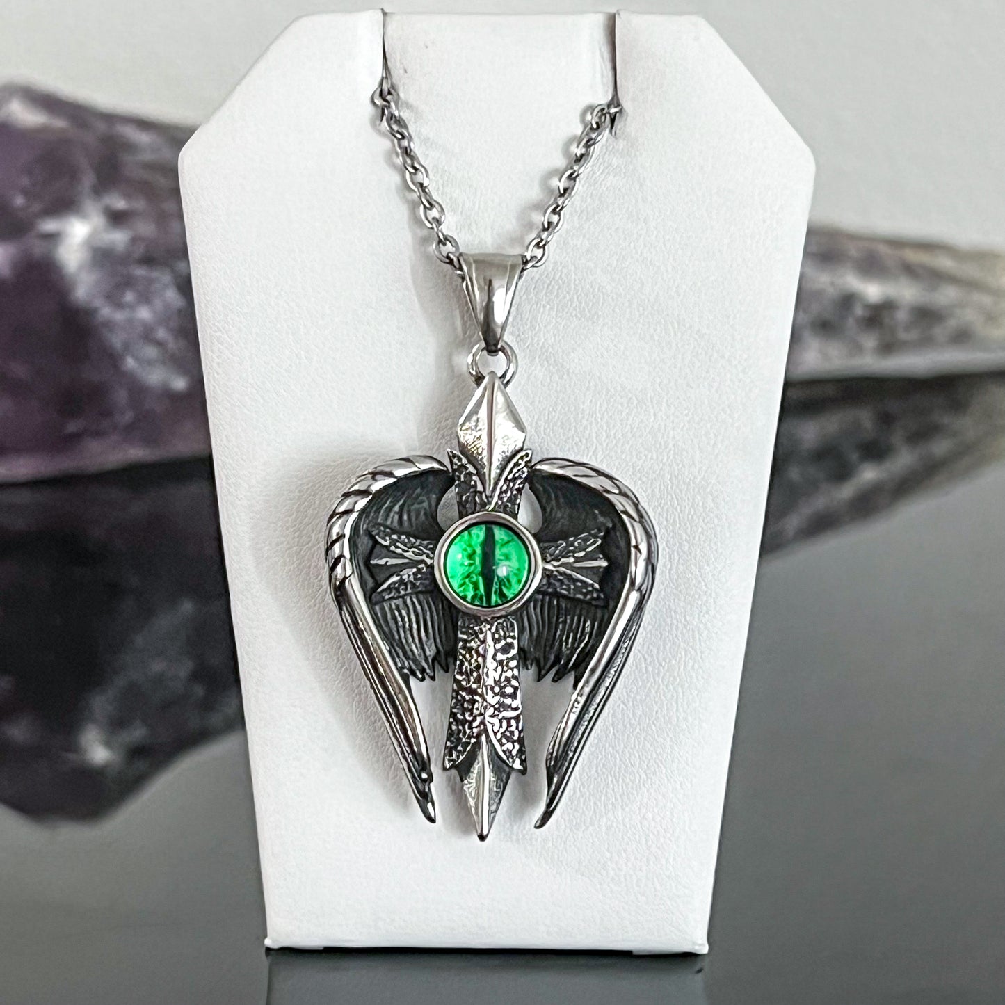 Green Eye and Wings Stainless Steel Necklace