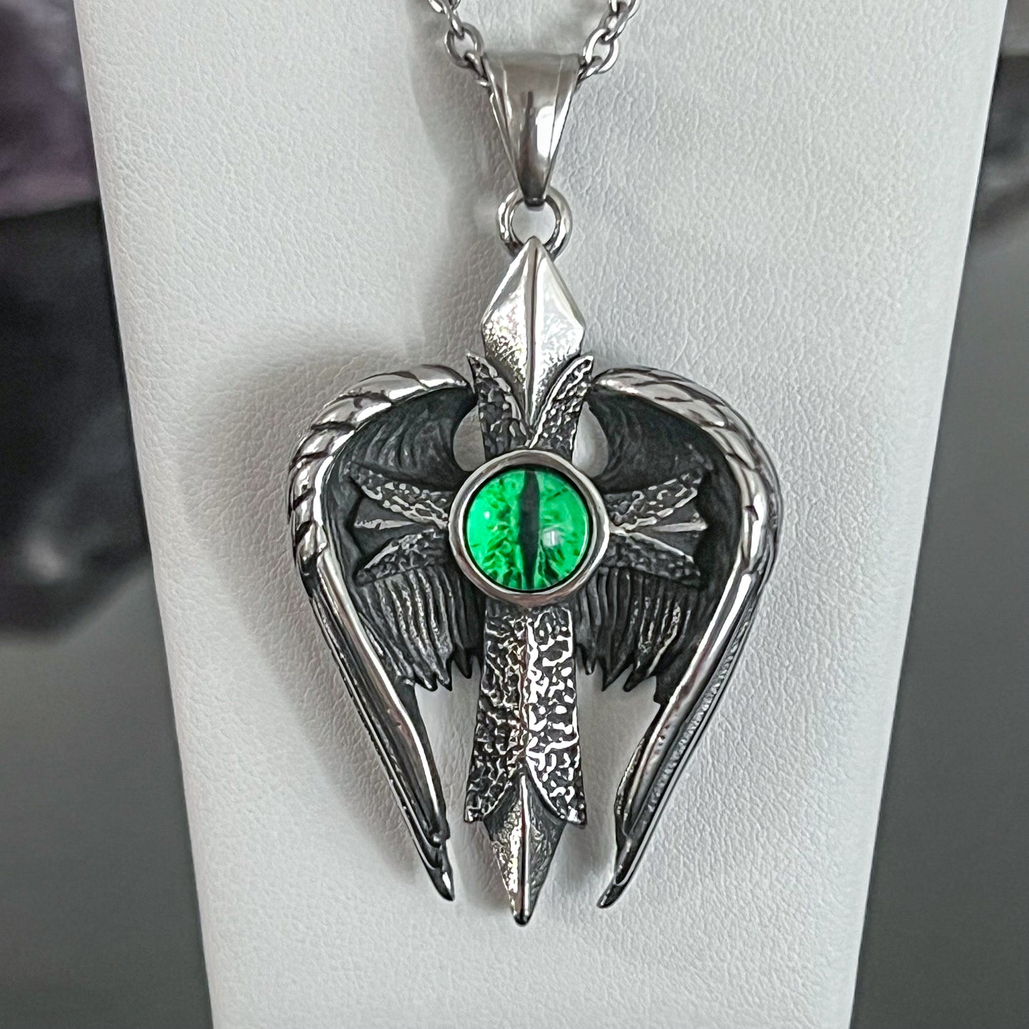 Green Eye and Wings Stainless Steel Necklace