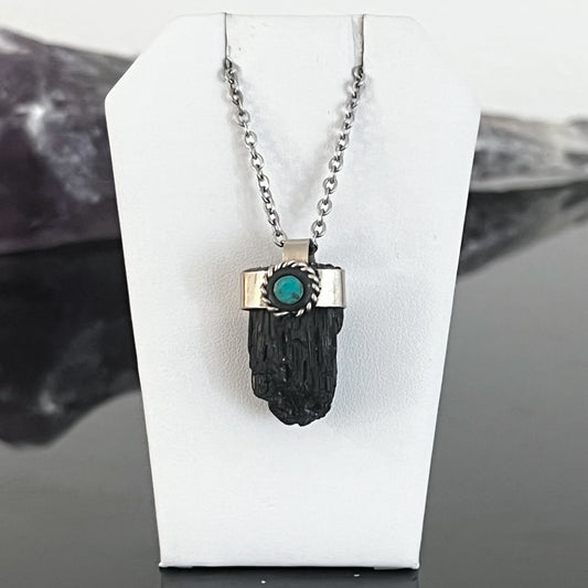 Black Tourmaline, Turquoise & Pyrite Sterling Silver Necklace