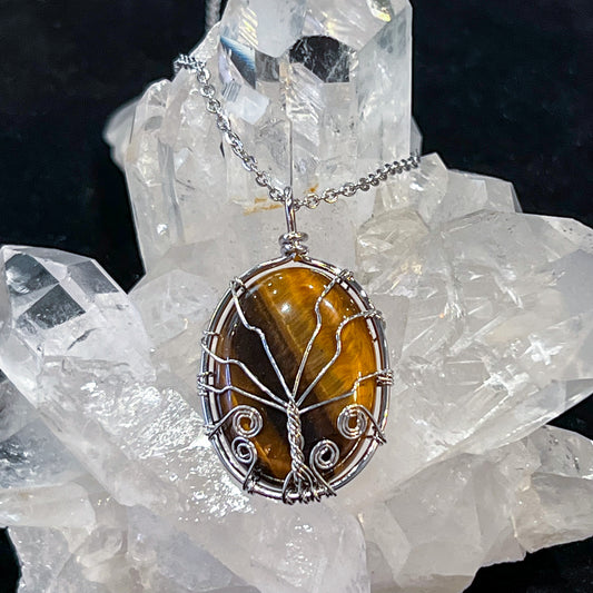 Tiger Eye Oval Tree of Life (Silver)