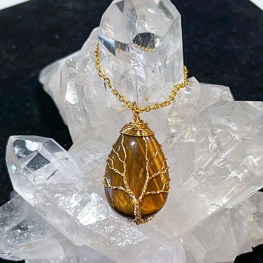 Tiger Eye Tree of Life Necklace (Gold)