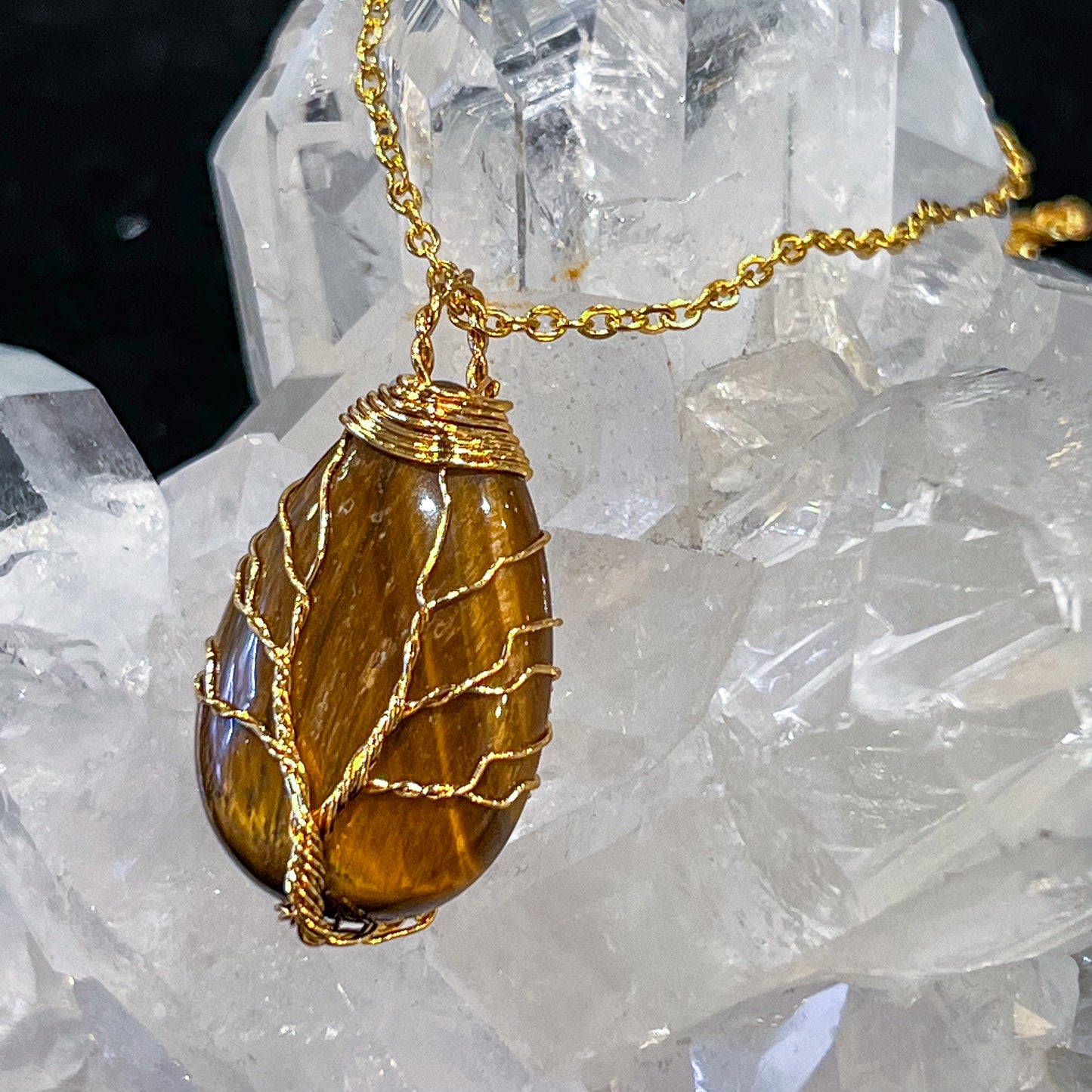 Tiger Eye Tree of Life Necklace (Gold)