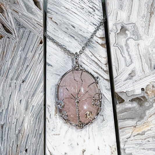 Rose Quartz Tree of Life Wrap Necklace