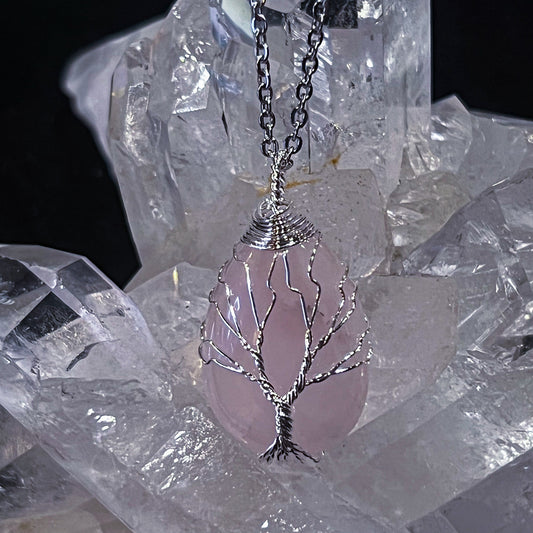 Rose Quartz Teardrop Tree of Life Necklace