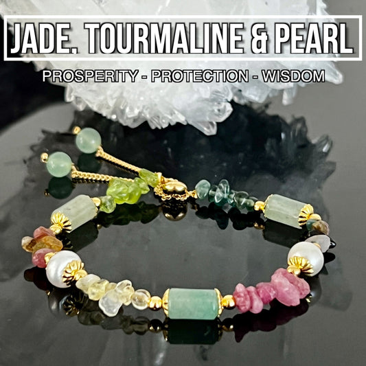 Jade, Tourmaline & Pearl Adjustable Bracelet