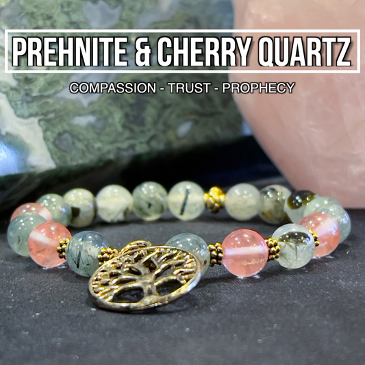 Prehnite & Cherry Quartz Bracelet With Tree Of Life Charm 8mm