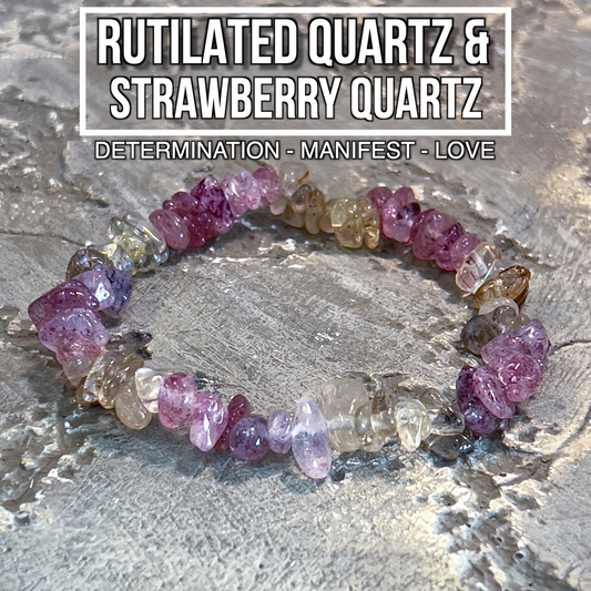 Rutilated Quartz & Strawberry Quartz Chip Bracelet