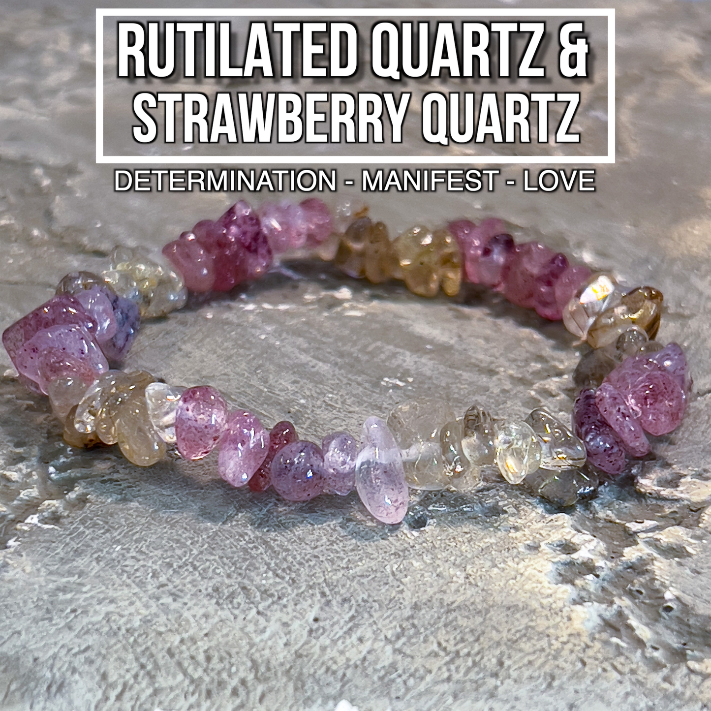 Rutilated Quartz & Strawberry Quartz Chip Bracelet