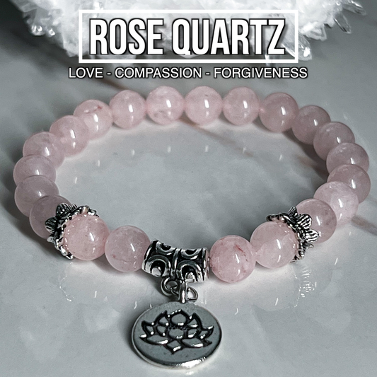 Rose Quartz Bracelet With Lotus Flower Charm 8mm