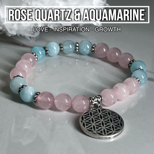 Rose Quartz & Aquamarine Bracelet With Flower Of Life Charm 8mm