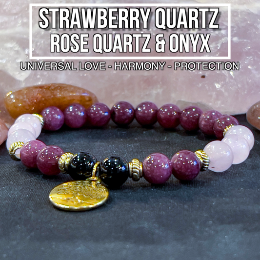 Strawberry Quartz, Rose Quartz & Onyx with Tree of Life Charm Bracelet 8mm